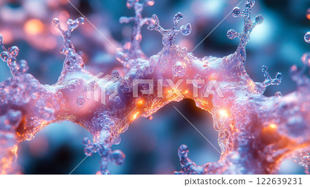 A highly detailed macro view of a crystalline structure with glowing pink and blue reflections, resembling a futuristic material A highly detailed macro view of a crystalline structure with glowing pink and blue reflections, resembling a futuristic material 122639231
