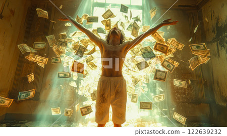A man stands in a grand room as money flies around him, illuminated by sunlight through a large window, symbolizing wealth and success 122639232