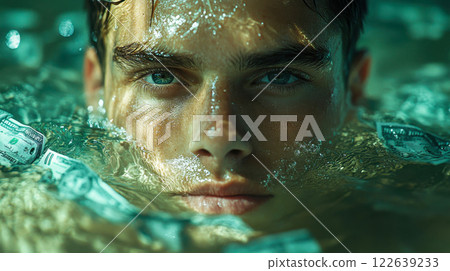 A young man emerges from a pool filled with floating dollar bills, symbolizing financial success and wealth A young man emerges from a pool filled with floating dollar bills, symbolizing financial success and wealth 122639233