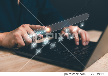 Concept of artificial intelligence (AI) and futuristic digital technology. Man using application to generative AI contents, story, images. Chat with smart robot AI and command prompt input on website 122639499