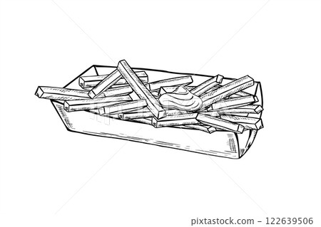 French fries in cardboard rectangular box line art black ink sketch. Monochrome hand drawn bunch of fried potato sticks in craft paper. Takeaway fast food illustration for menu design and package French fries in cardboard rectangular box line art black ink sketch. Monochrome hand drawn bunch of fried potato sticks in craft paper. Takeaway fast food illustration for menu design and package 122639506