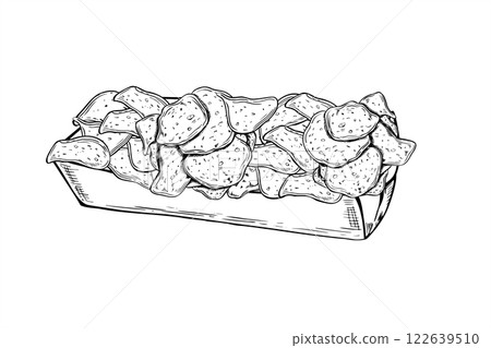 Thin potato chips in in cardboard rectangular box vector illustration painted by black inks. Monochrome hand drawn crunchy snack in paper package. Crisp meal fast food illustration for menu design 122639510