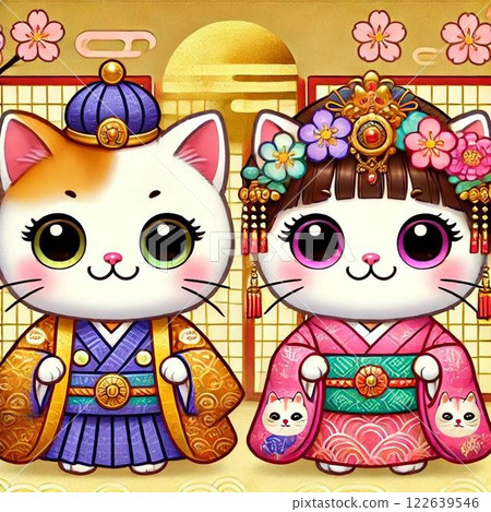 Cat dolls decorated on a golden background 122639546