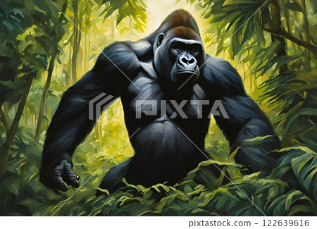 A realistic illustration of a strong gorilla in the forest A realistic illustration of a strong gorilla in the forest 122639616