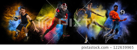 Basketball, American football, tennis, and soccer athletes captured mid-air, surrounded by vibrant paint splashes, symbolizing energy, passion, and motion 122639965