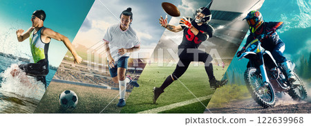 Sports intensity. Swimmer, soccer, American football and motocross athlete in motion. Power, determination, and competitive drive. Sports intensity. Swimmer, soccer, American football and motocross athlete in motion. Power, determination, and competitive drive. 122639968