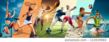Beach and court sports. Tennis, football, American football, volleyball, and swimming athletes captured mid-action. Beach and court sports. Tennis, football, American football, volleyball, and swimming athletes captured mid-action. 122639969