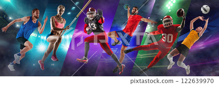 Extreme motion. Mix of pole vault, American football, handball, and volleyball athletes in motion, competing on stadiums 122639970