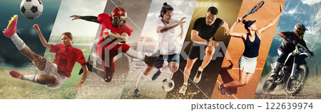 Outdoor sports. Players in football, soccer, tennis, and motocross captured in intense motion, set against natural and stadium backdrops 122639974