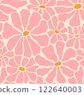 Groovy chamomile flowers seamless vector pattern. Floral background in 1970s Hippie retro style. Flower Power. 122640003