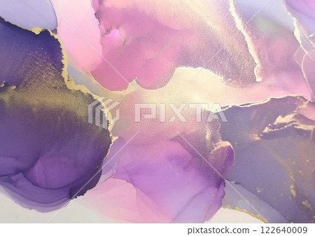 Purple and gold alcohol ink art background 122640009