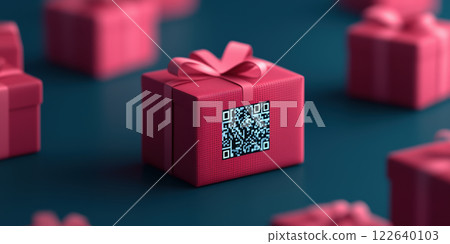 glowing QR code on pink gift box, surrounded by similar boxes, creates excitement glowing QR code on pink gift box, surrounded by similar boxes, creates excitement 122640103