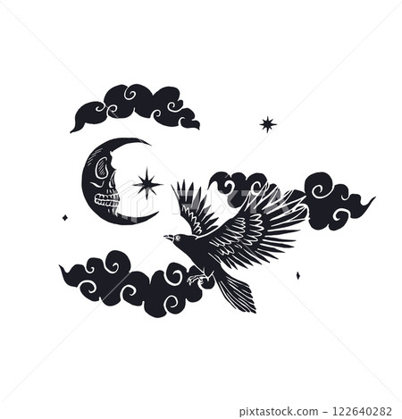 Mystic bird flying in night sky with crescent moon and clouds 122640282