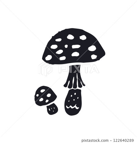 Hand drawn monochrome inky silhouettes of amanita mushroom Hand drawn monochrome inky silhouettes of amanita mushroom 122640289