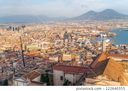Naples, Italy cityscape, harbor, and Vesuvius. 122640355