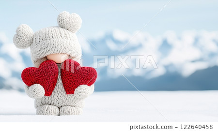 Cute knitted figurine dressed in winter attire holding red hearts, set against a snowy mountain background.Valentine's, International Thank You Day. 122640458