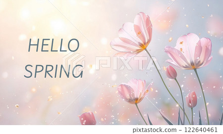 Elegant greeting card with delicate pink flowers and soft petals on sunlight background with text Hello Spring. 122640461