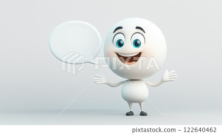 Smiling 3D cartoon character with big blue eyes and a speech bubble, standing on a plain white background. Perfect for communication or creativity themes. 122640462