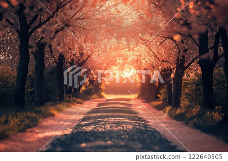 Cherry blossom pathway at sunset creating a serene landscape experience Cherry blossom pathway at sunset creating a serene landscape experience 122640505