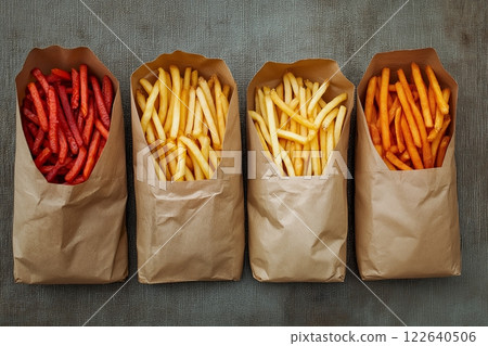 Variety of colorful fries served in paper bags on a textured surface 122640506