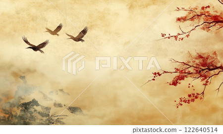 Elegant birds flying over serene landscape with autumn foliage at sunset Elegant birds flying over serene landscape with autumn foliage at sunset 122640514