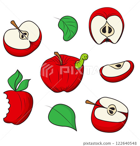Set of red and green apples with smiling worms. Vector illustration in cartoon style isolated on a white background. Set of red and green apples with smiling worms. Vector illustration in cartoon style isolated on a white background. 122640548
