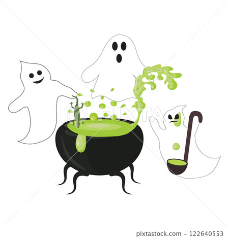 Three ghosts are brewing a magic potion in a cauldron. Vector illustration for Halloween. 122640553