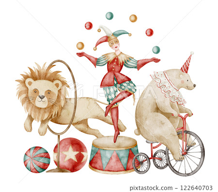Watercolor illustration of Circus performance with vintage animals. Drawing of lion jumping through a hoop, a clown juggling, and a bear on a tricycle. Carnival art Baby shower greeting cards. 122640703