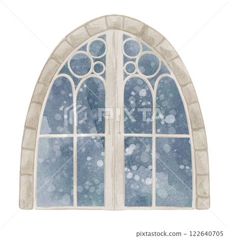 Watercolor arched Window or Door with stone frame and transparent glass for fairytale childish designs in pastel colors. Drawing of architectural element for vintage building. 122640705