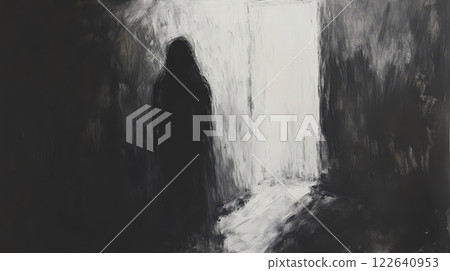 Mysterious ghostly woman with long black hair, evoking deep sorrow, loneliness, and the darkness of depression Mysterious ghostly woman with long black hair, evoking deep sorrow, loneliness, and the darkness of depression 122640953