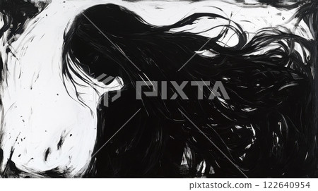 Mysterious ghostly woman with long black hair, evoking deep sorrow, loneliness, and the darkness of depression Mysterious ghostly woman with long black hair, evoking deep sorrow, loneliness, and the darkness of depression 122640954