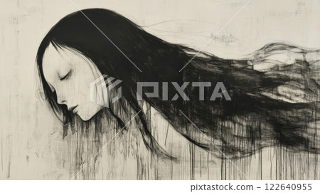 Mysterious ghostly woman with long black hair, evoking deep sorrow, loneliness, and the darkness of depression 122640955