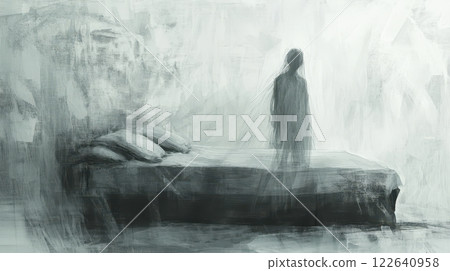 Mysterious ghostly woman with long black hair, evoking deep sorrow, loneliness, and the darkness of depression Mysterious ghostly woman with long black hair, evoking deep sorrow, loneliness, and the darkness of depression 122640958