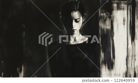 Mysterious ghostly woman with long black hair, evoking deep sorrow, loneliness, and the darkness of depression Mysterious ghostly woman with long black hair, evoking deep sorrow, loneliness, and the darkness of depression 122640959