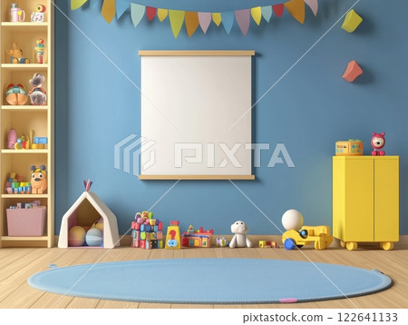 Bright and colorful children's room with playful decor and cozy accessories 122641133