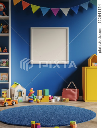 Bright and playful children's room featuring toys, colorful decor, and cozy carpet 122641134