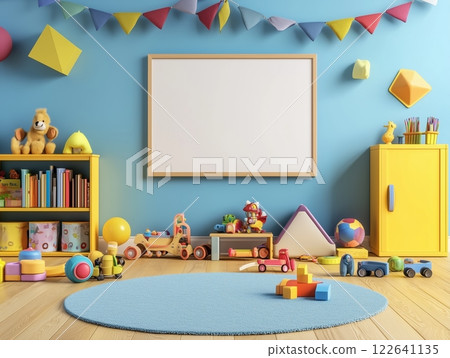Colorful 3D children's room with toys, books, and decorative elements in a playful setting 122641135