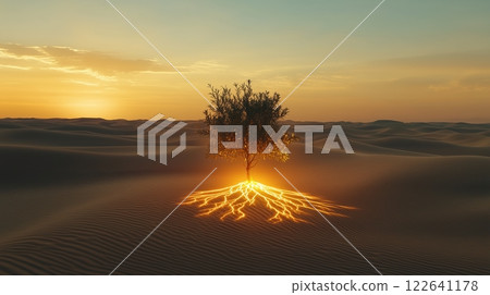 Tiny seed bursts forth in arid desert, showcasing vibrant roots glowing beneath the surface 122641178