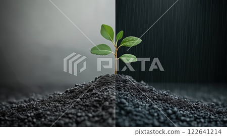 Vibrant plant sprout thrives between sunny and rainy environments in perfect soil 122641214