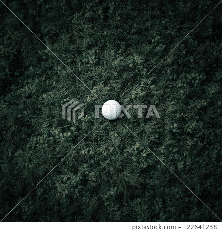 Golf ball resting on green nylon turf in a cinematic overhead shot 122641238