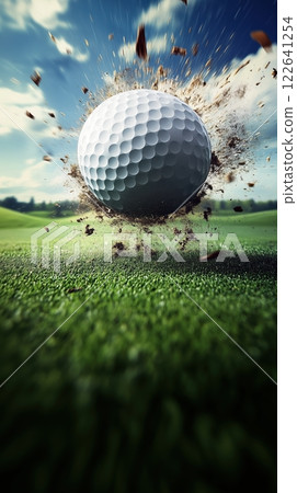 Golf ball in full speed during an exciting tournament with surprised spectators 122641254