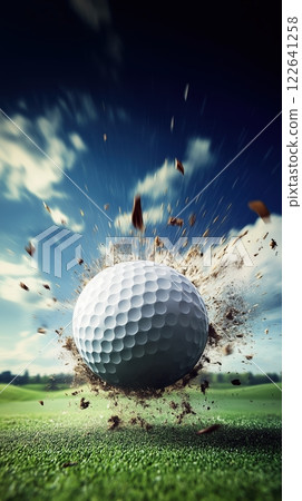 Golf ball soaring through the air during an exciting tournament with surprised spectators 122641258