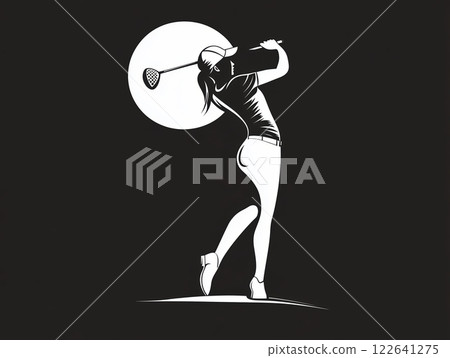 Minimalist black and white logo featuring a woman golfer in motion against a soft background Minimalist black and white logo featuring a woman golfer in motion against a soft background 122641275