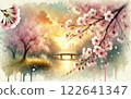 Cherry blossoms and Japanese cityscape at sunset 122641347