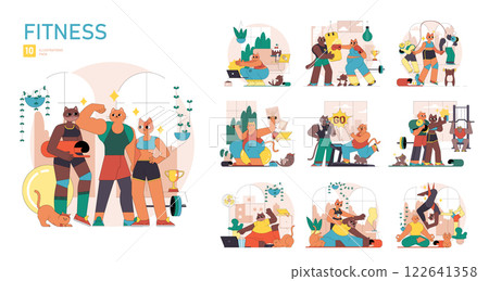 Fitness illustration set. Engaging characters showcasing various workout routines and healthy habits. A lively representation of determination, community, and fun in fitness activities. Vector Fitness illustration set. Engaging characters showcasing various workout routines and healthy habits. A lively representation of determination, community, and fun in fitness activities. Vector 122641358