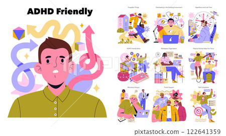 ADHD Friendly illustration represents various strategies for managing ADHD symptoms. It features activities and tools that promote focus, organization, and support crucial for individuals with ADHD ADHD Friendly illustration represents various strategies for managing ADHD symptoms. It features activities and tools that promote focus, organization, and support crucial for individuals with ADHD 122641359