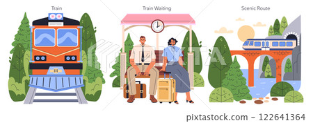 Train Travel concept. This illustration captures the essence of a train journey, highlighting a vibrant train, passengers waiting at a station, and a scenic route. It reflects the adventure and Train Travel concept. This illustration captures the essence of a train journey, highlighting a vibrant train, passengers waiting at a station, and a scenic route. It reflects the adventure and 122641364