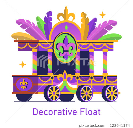 Mardi Gras float concept. A colorful, decorative float adorned with vibrant feathers and iconic symbols. This illustration captures the festive spirit of celebration and lively parades. Vector 122641374