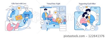 Long Distance Love Concept. Exploring the emotional connections and activities in long-distance relationships. Sending gifts, virtual date nights, and mutual support highlight love that transcends 122641376
