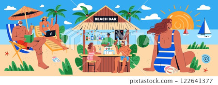 Beach Vacation concept. A lively beach scene filled with sunbathers enjoying a relaxing day at a beach bar. People engage in various activities such as reading, lounging, and socializing. The vibrant 122641377
